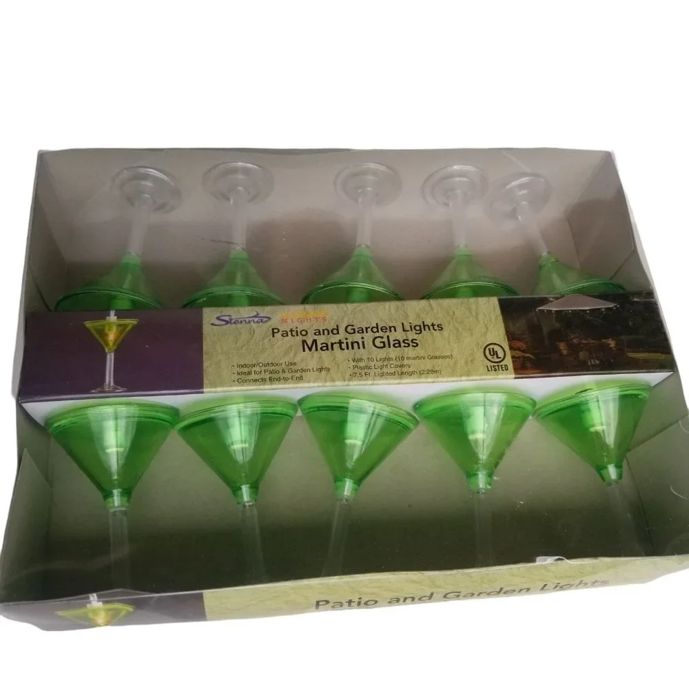 Martini Glass Party Lights Set Patio and Garden Green 10 Plastic 3 inch lights